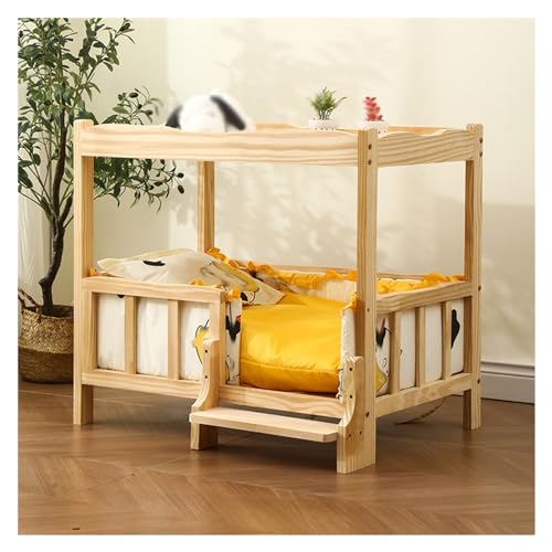 XPLKQXE Großes Haustierbett Holz, Hundekisten, Erhöhte Betten Hundesofas, Katzenmöbel Beruhigender Matratze Kleine Haustiere Brauchen Ein Gemütliches Nest(Beige+Yellow,100x60x73cm) von XPLKQXE