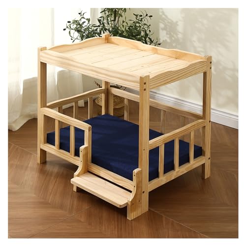 XPLKQXE Großes Haustierbett Holz, Hundekisten, Erhöhte Betten Hundesofas, Katzenmöbel Beruhigender Matratze Kleine Haustiere Brauchen Ein Gemütliches Nest(Blau,53x38x73cm) von XPLKQXE