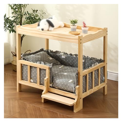 XPLKQXE Großes Haustierbett Holz, Hundekisten, Erhöhte Betten Hundesofas, Katzenmöbel Beruhigender Matratze Kleine Haustiere Brauchen Ein Gemütliches Nest(Gray+White,100x60x73cm) von XPLKQXE