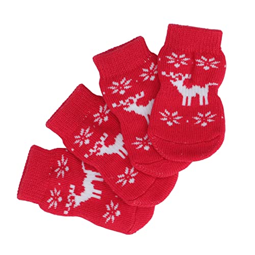 Haustierpfotenschutz, 4 Stück, Hundesocken, Weihnachtsmuster, Warme Rutschfestigkeit, Tragbar, Gestrickte Katzensocken aus Baumwolle Für Kleine, Mittelgroße Und Große Hunde Und Katzen(Elch) von XPSSJMU