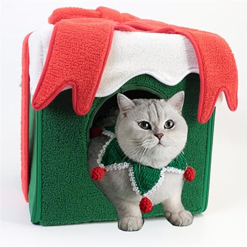 Weihnachts-Katzenbetthaus, Großer Raum, Quadratisch, Vollständig Geschlossen, Warme Weihnachts-Haustierhöhle Für Katze, Hund, Herbst Und Winter, Vielseitig Einsetzbar(Grün) von XPSSJMU