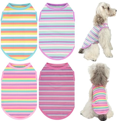 XPUDAC 4er-Pack gestreifte Hunde-Shirts, weich, leicht, Hunde-T-Shirts für kleine und mittelgroße Hunde, dehnbare Kleidung, Tanktop, ärmellos, Katzen-T-Shirt, Größe L von XPUDAC