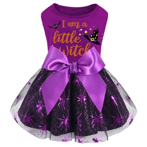 XPUDAC Halloween-Hundekleid, Hexen-Tüllkleid, Urlaubs-Hundekleidung für kleine Hunde, Mädchen, Spinnenkostüm, Katzenbekleidung, Violett, Größe XS von XPUDAC