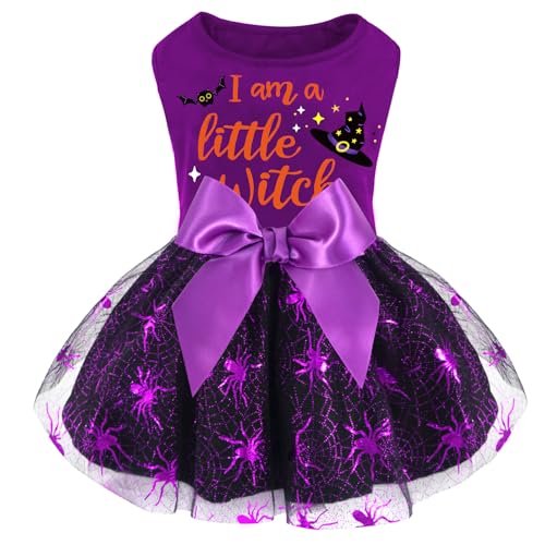 XPUDAC Halloween-Hundekleid, Hexen-Tüllkleid, Urlaubs-Hundekleidung für kleine Hunde und Mädchen, Spinnenkostüm, Katzenbekleidung, Violett, Größe M von XPUDAC