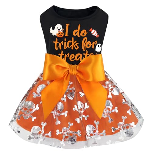 XPUDAC Halloween-Hundekleid-Kostüm für kleine Hunde, Mädchen, Tüllkleid, Hundekleidung, Totenkopf, Urlaub, Haustierkostüm, Katzen-Outfits, Orange, Größe L von XPUDAC