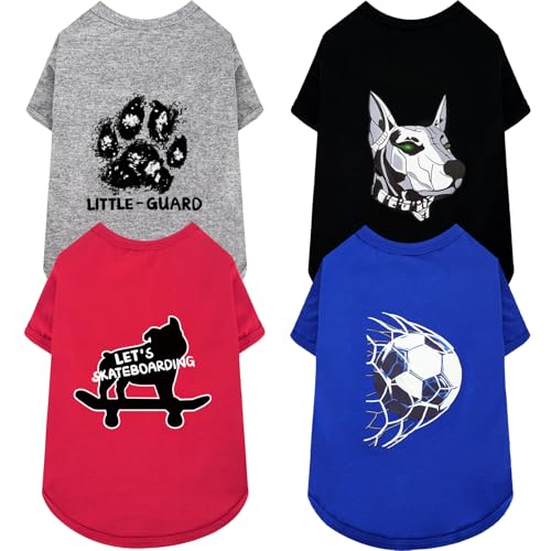 XPUDAC Hunde-Shirts, weich, für kleine und mittelgroße Hunde, leicht, dehnbar, klassisches T-Shirt, Welpenoutfit, cooler Kerl, Schwarz, Grau, Rot, Blau, Größe L, 4 Stück von XPUDAC