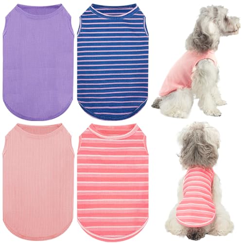 XPUDAC Hundebekleidung für kleine Hunde, Waffelmuster, atmungsaktiv, dehnbar, leichtes Katzen-Shirt, Rosa, Lila, Größe L, 4 Stück von XPUDAC