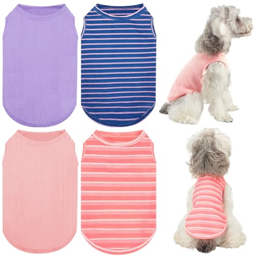 XPUDAC Hundebekleidung für kleine Hunde, Waffelmuster, atmungsaktiv, dehnbar, leichtes Katzen-Shirt, Rosa, Lila, Größe XL, 4 Stück von XPUDAC