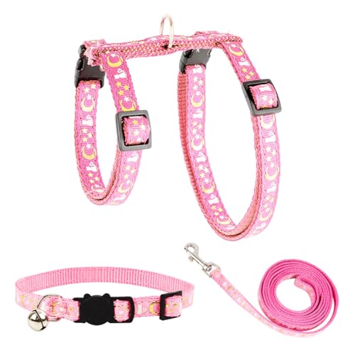 Ausbruchsicheres Katzengeschirr mit Leine und Halsband, 3er-Set, Nylon, verstellbar, H-shped Kätzchengeschirr mit Stern- und Mond-Muster, Design zum Spazierengehen, Rosa von XPangle