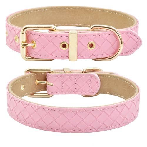 Hundehalsband aus Leder, weich gepolstert, handgefertigt, geflochten, verstellbar, atmungsaktiv, Welpenhalsband für kleine, mittelgroße und große Hunde (XL (18,5–22,4), Rosa) von XPangle