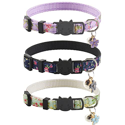 Katzenhalsbänder mit Glocke und Zubehör, Blumenmuster, verstellbar, niedliches Kätzchen-Halsband, Blumenmuster, für Kätzchen, Welpen, 19,1–27,9 cm, 3 Stück von XPangle