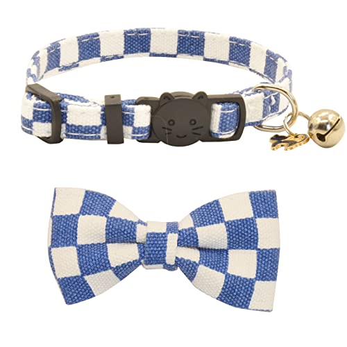 Katzenhalsband, mit Fliege, verstellbar, niedliches Kätzchenhalsband, Sicherheitsschnalle, Kätzchenhalsband für Katzen, Welpen, 19,1–27,9 cm, Blau kariert von XPangle