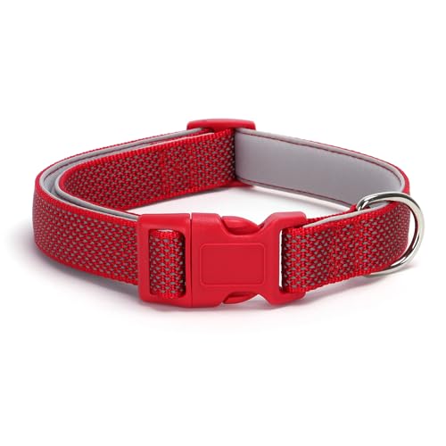 Reflektierendes Hundehalsband, gepolstert, atmungsaktiv, Nylon, weiches Neopren, Haustierhalsband für kleine, mittelgroße und große Hunde (Rot, L) von XPangle