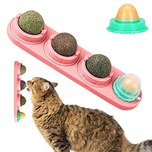 XPuing Katzenspielzeug, Katzenminze Spielzeug, Katzenleckspielzeug Molar Zahnen Snack Spielzeug, Selbstklebende Katzenminze Essbare Wand Ball, für Katzen Reinigung Zähne und Schutz des Magens (Rosa) von XPuing