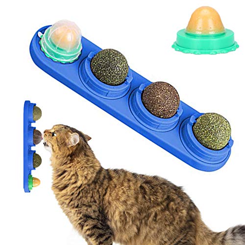 XPuing Katzenspielzeug, Katzenminze Spielzeug, Katzenleckspielzeug Molar Zahnen Snack Spielzeug, Selbstklebende Katzenminze Essbare Wand Ball, für Katzen Reinigung Zähne und Schutz des Magens (Blau) von XPuing