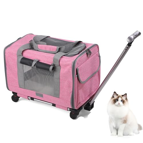 Transportbox Katze, Fahrbarer Tierträger mit Teleskopstiel, Tragetasche mit Rollen für Hunde und Katzen, Portabler Reiseträger für Kleine Mittelgroße Haustiere (Rosa) von XQZMD