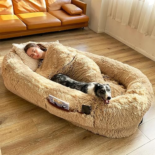 XQZMZSCP Flauschiges, orthopädisches, waschbares Hundebett, Erwachsenengröße, großes menschliches Hundebett, für Menschen, große Hunde, Haustiere (Khaki, 165 x 100 x 25 cm) von XQZMZSCP