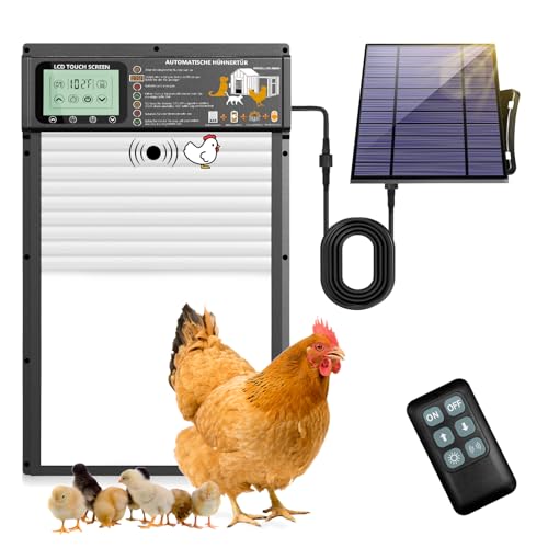 XRDZYXGS Automatische Hühnerklappe, Wasserdicht Hühnerklappe, Solarbetrieben, Elektrische Hühnerklappe mit Radarsensor, Timer, Lichtsensor, Großes Display, Fernbedienung, für Geflügel(Weiß) von XRDZYXGS