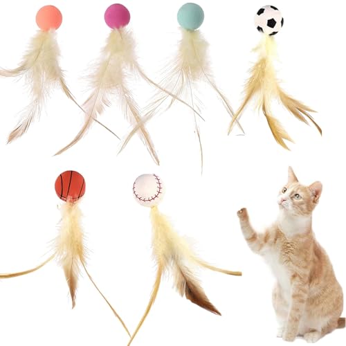 Katzenfederball, 6 Stück, Katzenhüpfball mit Feder, federnde Schwänze für drinnen und draußen, interaktives Katzenspielzeug, Katzenspielzeug, Trainingsbälle, Jagd, Jagd und Training, Geschenk für von XRXRX