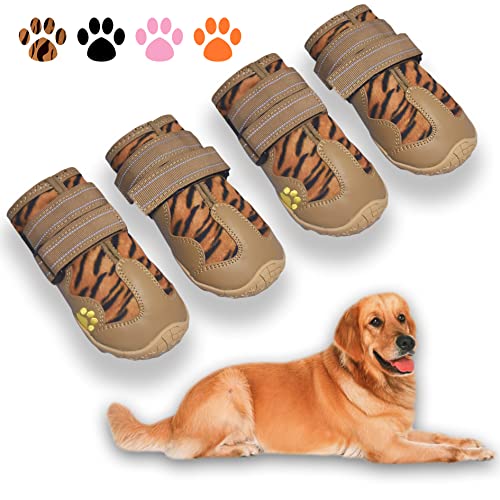 XSY&G Hundeschuhe, Leopardenmuster, Größe 4 (6,6 x 5,3 cm) (L x B) für 14 - 18 kg, wasserdicht, reflektierend, rutschfest, Outdoor-Hundeschuhe, 4 Paar von XSY&G