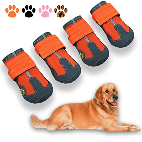 XSY&G Hundestiefel, wasserdichte Hundeschuhe, Hundeschuhe mit reflektierenden Streifen, robuste rutschfeste Sohle und rutschfest, Outdoor-Hundeschuhe für mittelgroße und große Hunde, 4 Stück, Orange, von XSY&G