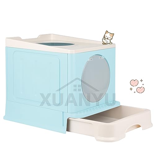 XUANYU Groß Katzentoilette mit Abdeckung, Geschlossene Katzentoilette, Groß Katzenklo mit Deckel und Schaufel, 2 Eingangstüren, Geräumig für Katzen bis 7 kg/15 lbs (Blau L-45×34×39 cm) von XUANYU