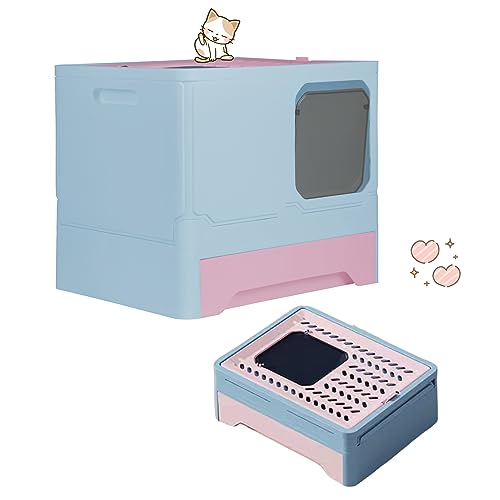 XUANYU Groß Katzentoilette mit Abdeckung, Geschlossene Katzentoilette, Groß Katzenklo mit Deckel und Schaufel, 2 Eingangstüren, Geräumig für Katzen bis 7 kg/15 lbs (Blau-rosa L-45×35×38 cm) von XUANYU