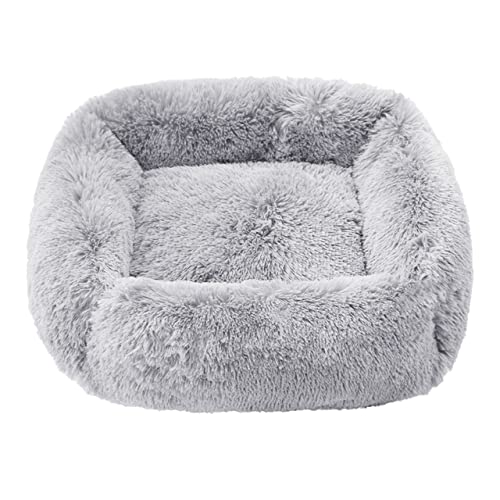 Beruhigendes Hundebett Schlafmatte Winter Katzenbett Quadratische Kuschelbetten Weiches Flauschiges Plüsch Welpenkissen für kleine mittelgroße Hunde Katzen-Hellgrau,XL 95x75cm von XUFXEUT