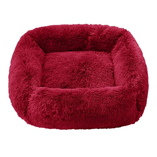 Beruhigendes Hundebett Schlafmatte Winter Katzenbett Quadratische Kuschelbetten Weiches Flauschiges Plüsch Welpenkissen für kleine mittelgroße Hunde Katzen-Weinrot,L 80x70cm von XUFXEUT