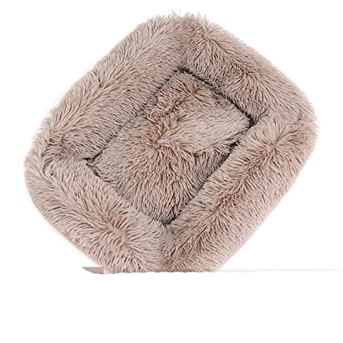 Quadratisches Hundebett Katzenmatte Winter Warmer Schlaf Haustier Katzenhaus Korb Kissen Weicher Langer Plüsch Für Hunde Welpen Haustierprodukte Zubehör-Beige Braun,S 43x35x20cm von XUFXEUT