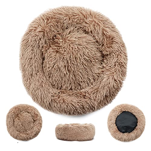 Rundes großes Hundebett mit Reißverschlussbezug Waschbares Haustier-Schlafsofa Lange Plüsch-Hundehütte Großes Hundekissen Hunde Warme schlafende Katzenmatten-Khaki,M Durchmesser 50cm von XUFXEUT