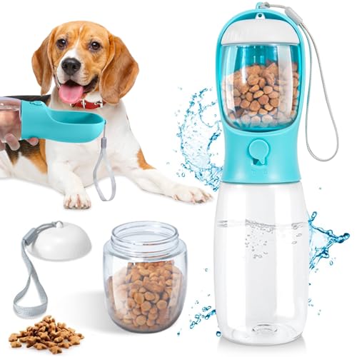 Tragbare Haustier Trinkflasche, 550ml Hund Katze Haustiere Auslaufsicher Wasserflasche mit 100ml Hundefutter Becher, Perfekt für Hunde unterwegs, auslaufsichere Outdoor-Trinkflasche (Blau) von XUNIVERS