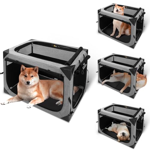 Hundebox, faltbar, 91,4 x 63,5 x 63,5 cm, faltbare Hundebox mit Abdeckung, 3 Türen, faltbar, weiche Hundebox mit Tragetasche, Grau von XVISHX