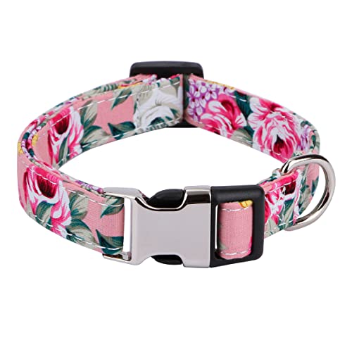 XYART Hundehalsband für Mädchen, für kleine, mittelgroße und große Hunde, Baumwoll-Haustierhalsband, Blumen-Gänseblümchen und Rosenmuster mit Schnellverschluss-Schnalle (Rose Pink, S) von XYART