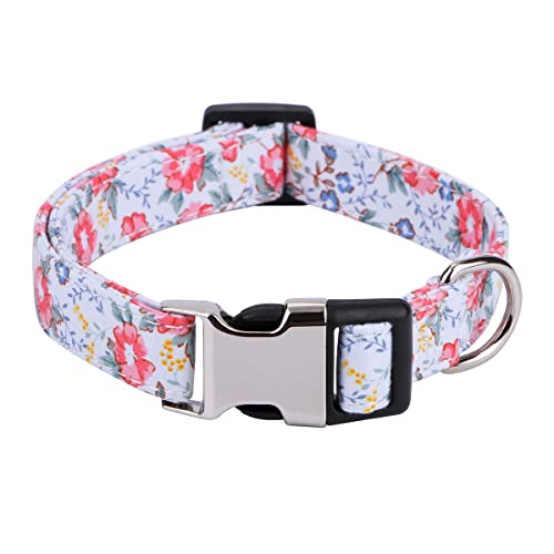 XYART Hundehalsband für Mädchen, für kleine, mittelgroße und große Hunde, Baumwolle, Blumen-Gänseblümchen und Rosenmuster mit Schnellverschluss-Schnalle (Blumen-Weiß, S) von XYART