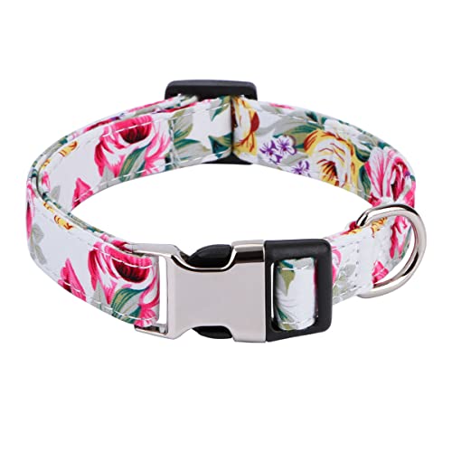 XYART Hundehalsband für Mädchen, für kleine, mittelgroße und große Hunde, Baumwolle, Haustierhalsband, Blumen-Gänseblümchen und Rosenmuster mit Schnellverschluss-Schnalle (Rosenweiß, S) von XYART