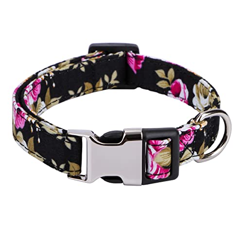 XYART Mädchen Hundehalsband für Kleine Mittlere Große Hunde, Baumwolle Haustier Halsband, Blumen Gänseblümchen und Rosen Muster mit Schnellverschluss Schnalle (Rose Black, L) von XYART