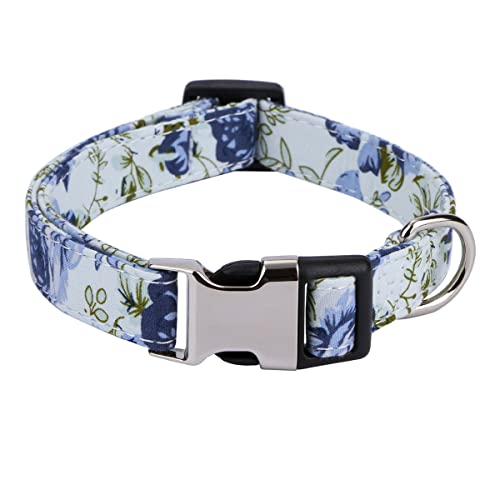 XYART Mädchen Hundehalsband für Kleine Mittlere Große Hunde, Baumwolle Haustier Halsband, Blumen Gänseblümchen und Rosen Muster mit Schnellverschluss Schnalle (Rose Blau, L) von XYART