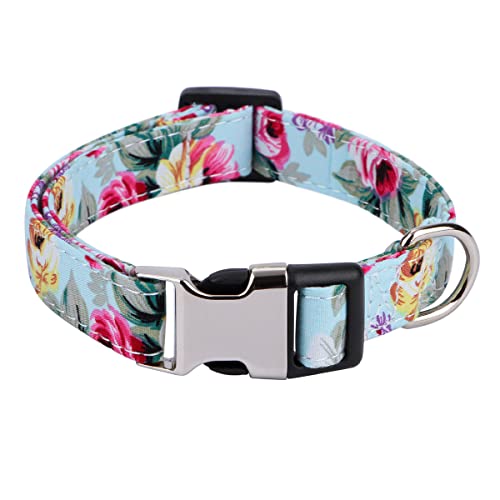 XYART Mädchen Hundehalsband für Kleine Mittlere Große Hunde, Baumwolle Haustier Halsband, Blumen Gänseblümchen und Rosen Muster mit Schnellverschluss-Schnalle (Rose Hellblau, L) von XYART