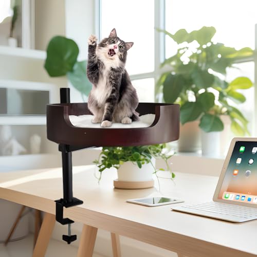 XZKING Katzenbett Schreibtisch – Verstellbares Katzenbett aus Holz für Home Office und Arbeitszimmer, Schreibtisch-Kätzchen-Möbelbefestigung mit Haustiermatte, Ball, Maus (groß) von XZKING