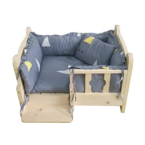 XZZHSM Katzenbett, Hundebett aus Holz für drinnen und draußen, mit Geländer und Treppe, abnehmbare Matte, große, mittelgroße und kleine erhöhte Haustierbetten, Farbe: Blau, von XZZHSM