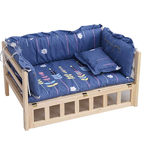 XZZHSM Katzenbetten aus Holz für Haustiere, erhöhte Schlafbetten für Welpen/Kätzchen, bequemes Lounge-Sofa mit blauen Laken und Kissen, orthopädische Holztreppe (Größe: 94 × 54 × 36 cm) von XZZHSM