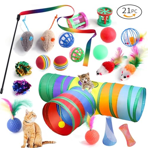 Xafrstyu 21 Stücke Katzenspielzeug Set Katzentunnel Interaktives Katzen Spielzeug für Kätzchen Federspielzeug Katzenbälle Spielzeugmäuse, Spielzeugmäuse Spielzeug Variety Pack für Kitty (T-Type) von Xafrstyu