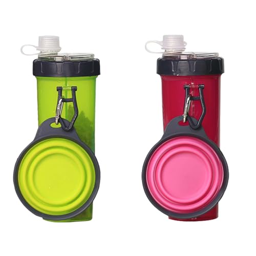 Xafrstyu 2er Set Hund Trinkflasche Und Futterflasche 2-in-1, Mit 2 Faltbar Hunde Reisenapf Tragbare, Katzen Hunde Wasserflasche, Hundewasserschüsseln Zum Gehen, Wandern & Reisen (Grun+rot) von Xafrstyu