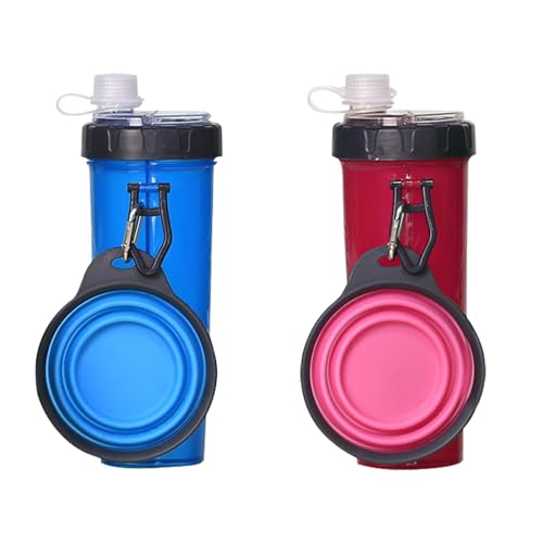 Xafrstyu 2er Set Hund Trinkflasche Und Futterflasche 2-in-1, Mit 2 Faltbar Hunde Reisenapf Tragbare, Katzen Hunde Wasserflasche, Hundewasserschüsseln Zum Gehen, Wandern & Reisen (rot+blau) von Xafrstyu