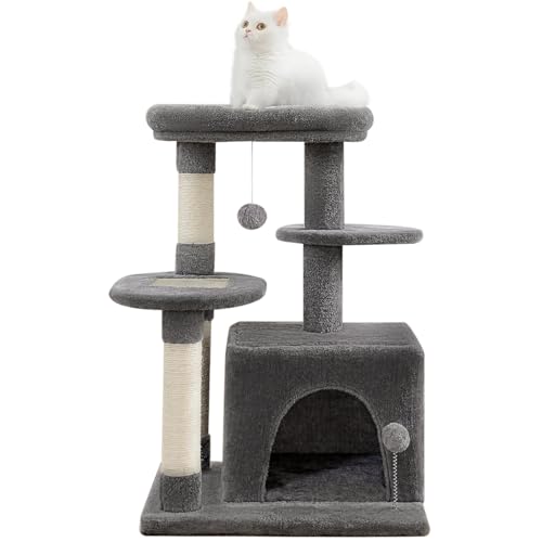 Xafrstyu Katzenkletterturm für Innenräume, Großer Katzenspielbaum mit Stufen, Kratzsäulen, Gemütlicher Rückzugsort, Hängespielzeuge, 500x400x870MM (Grey) von Xafrstyu