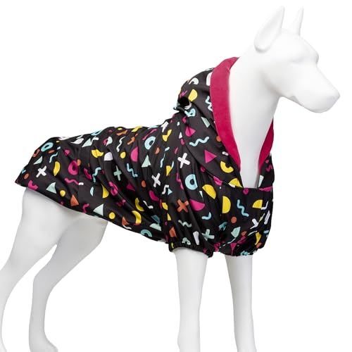 Xclusive Line by Lindodogs Hunde Regenmantel Waterproof Joy, Schwarz mit bunten Motiven, 40 x 29 x 37 cm, Regenjacke Hund aus Polyester, innen Fleece, Winddicht und wasserabweisend von Xclusive Line