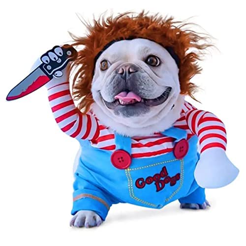 Chucky Hundekostüme für Hunde Wig and Knife,Lustige Chucky Hundekleidung Puppe Halloween Cosplay Kostüm (XL) von XehCaol