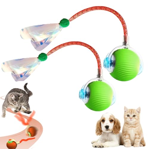 Interaktive Katzenspielzeuge Ball, Katzenspielzeug Ball Elektrisch Mit Elastischem Netzschwanz 3 Modi, Wiederaufladbar Über USB Interaktiver Spielball Für Katzen Cat Toy Für Den Innenbereich (Grün*2) von Xevinas