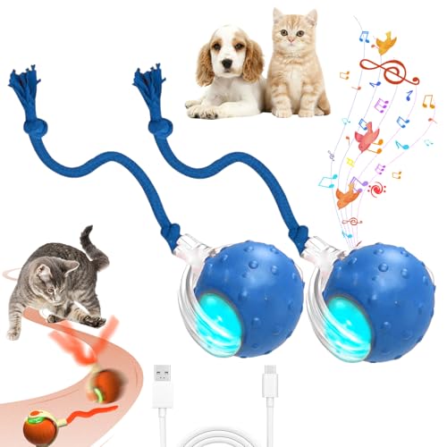 Interaktives Katzenspielzeug Ball, Katzenspielzeug Elektrisch Spielball Mit Schwanz, Katzenspielzeug Selbstbeschäftigung Mit 3 Modi Und „zwitscherndes“ Geräusch 360° Rolling Smart Ball (Blau*2) von Xevinas